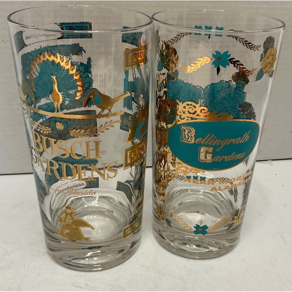 Vintage Souvenir Highball Glasses Busch & Bellingrath Gardens Gold Teal